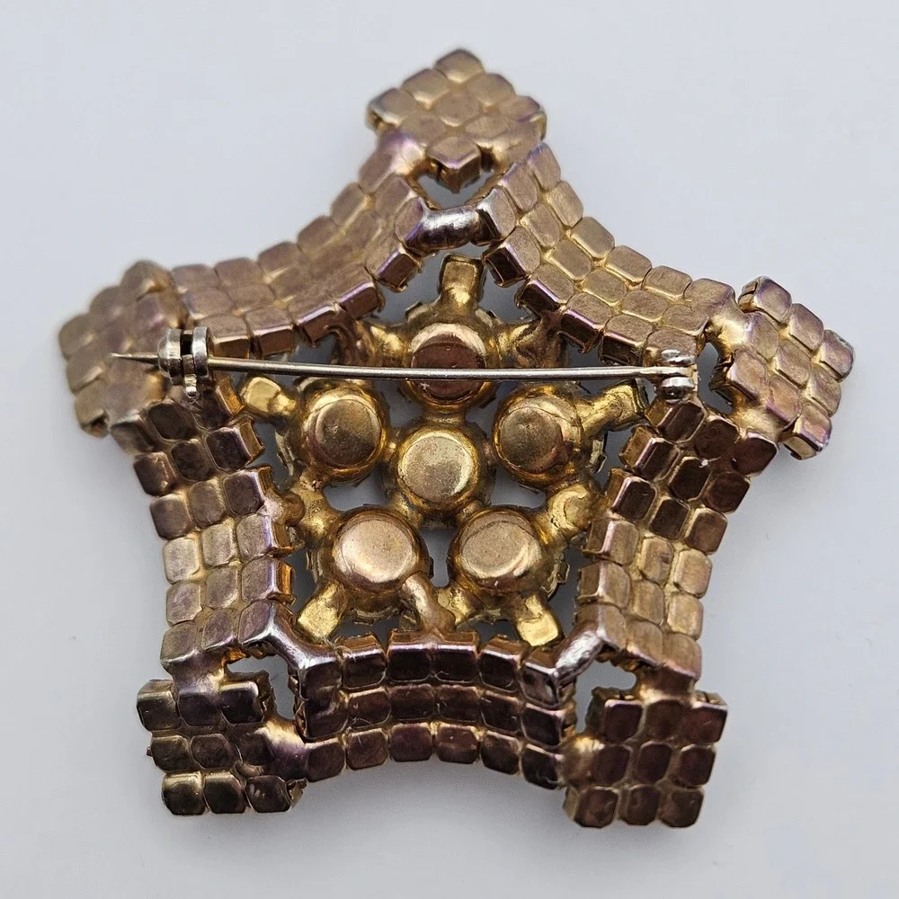 Vintage Aurora Borealis Rhinestone Star Brooch Gold Tone MCM Blue